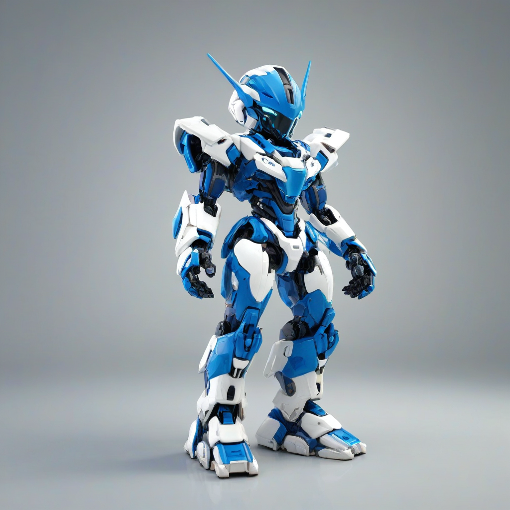 A full-body view of a chibi style mecha figure with a bright blue and white color scheme, standing on a plain white background, with a wide-angle shot, and dynamic shadows, in a digital art style with bold lines and vibrant colors, with the mecha's feet visible, on a plain white background, even lighting 