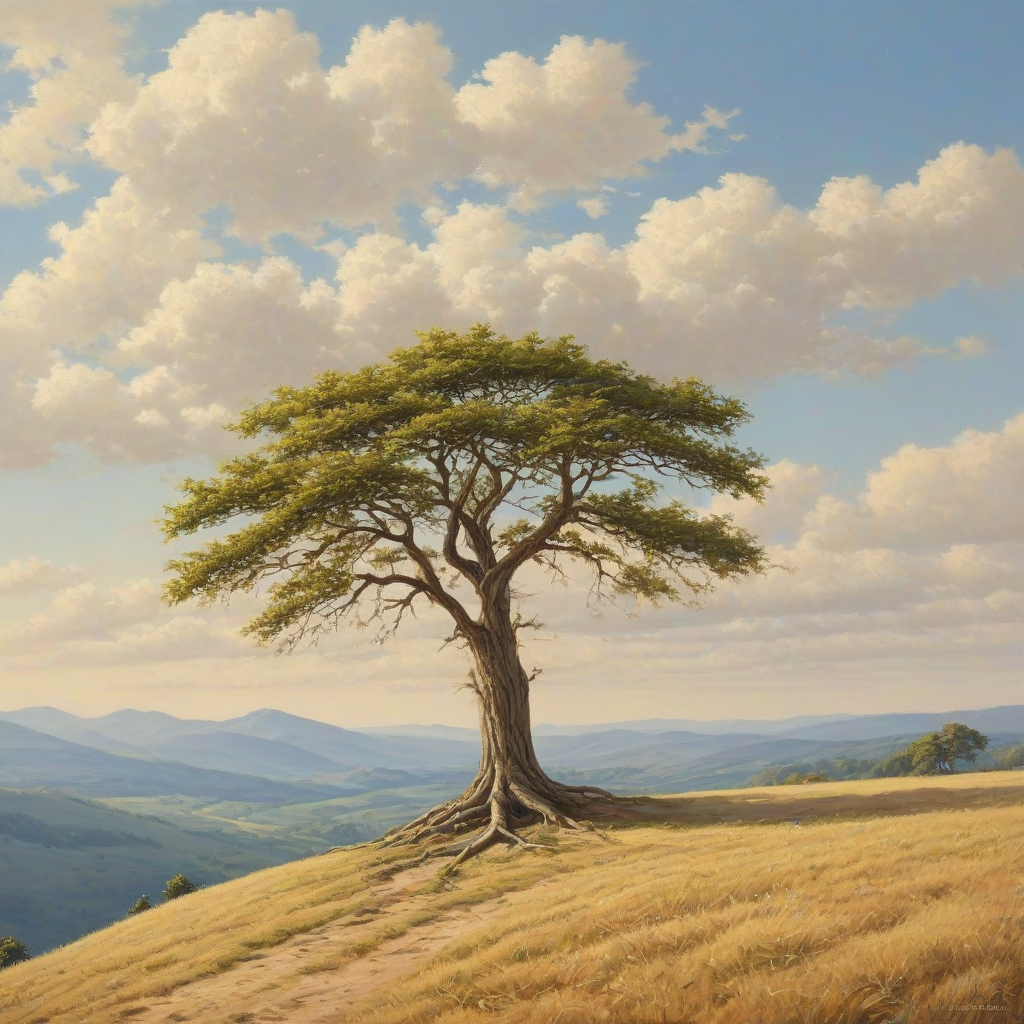 A beautiful, serene painting of a lone tree on a hill, full-body view, wide shot, with visible roots and branches, set against a clear blue sky with a few puffy white clouds, warm sunlight casting a gentle glow, oil painting style, high level of detail, on a plain white background