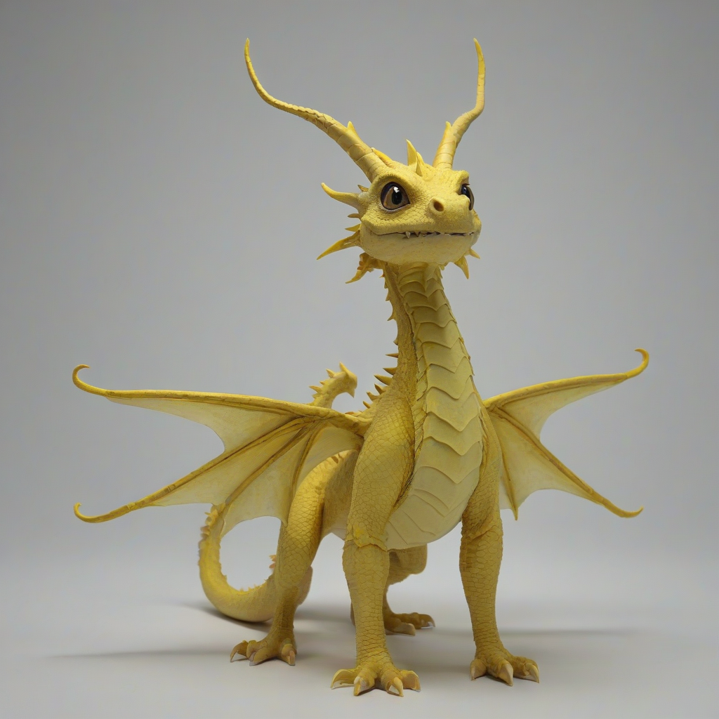 Small yellow dragon with six wings and four tails, on a plain white background, even lighting 