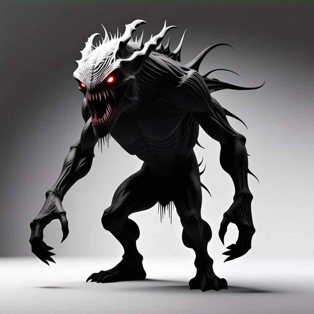 A terrifying monster, full-body view, with sharp teeth and glowing red eyes, standing on a plain white background, in a wide shot, with a dark and ominous atmosphere, and a sense of foreboding, digital art style, high contrast, and dramatic lighting