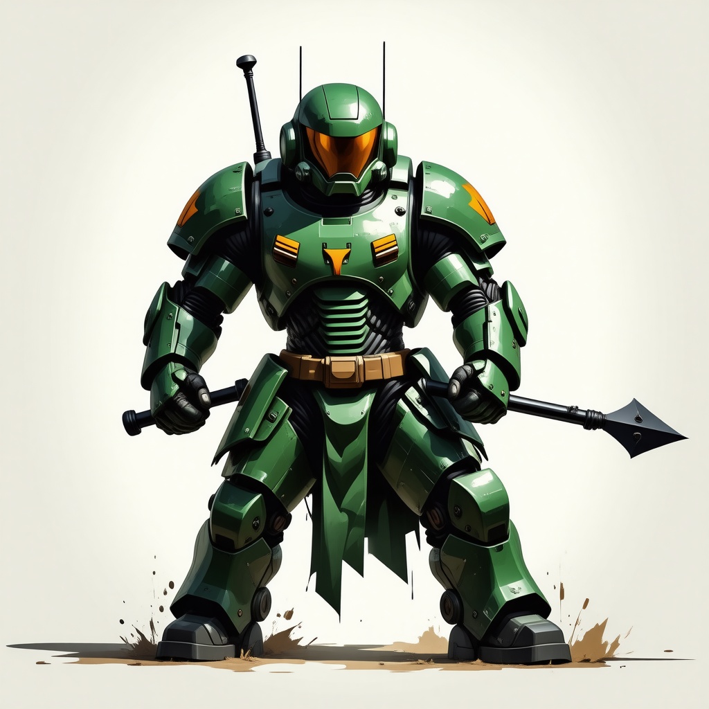 Doom guy, a space marine in a green armor, wielding a long polearm halberd weapon, with a determined expression, in a full-body view, on a plain white background, with a wide shot, in a digital art style, with bold lines and vibrant colors