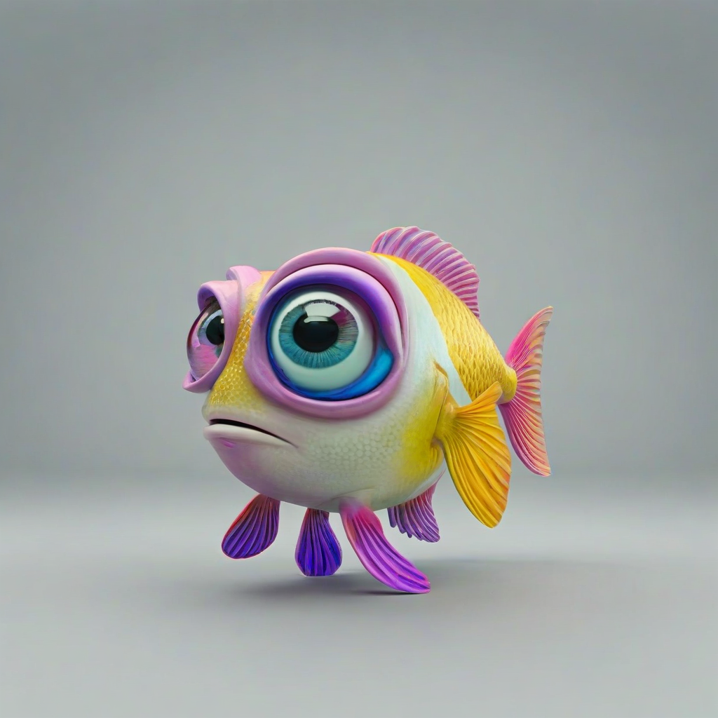 3d animation style, colorful, kid friendly, fish, big eyes, smile on its face, wide angle shot, full body visible, on a plain white background, even lighting