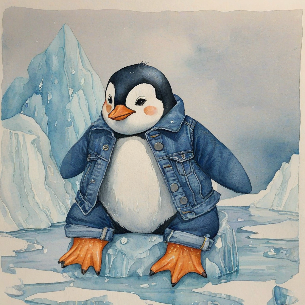 Impressionist watercolor cute cartoon old penguin in denim Canadian tuxedo, buttoned jacket, sitting on iceberg with small techno party