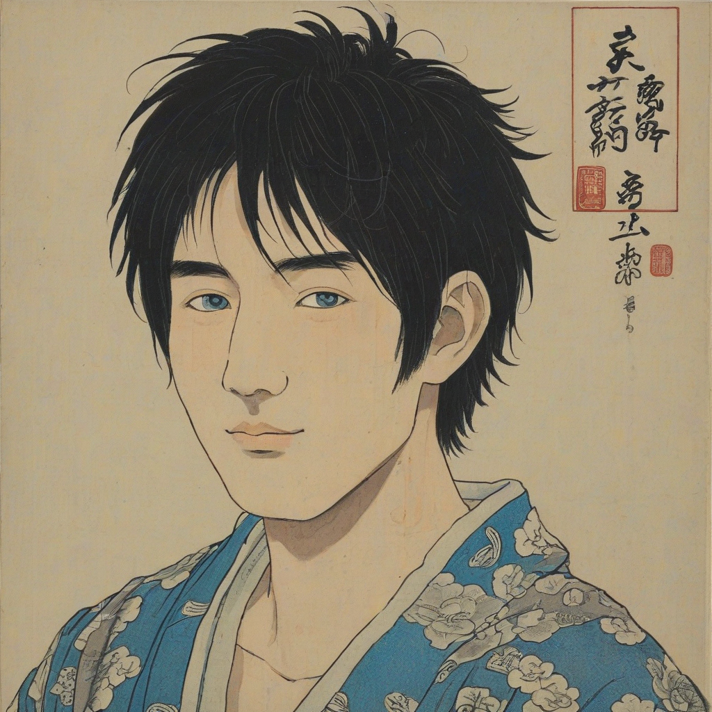 Ukiyo-e portrait of young man, slender face, shaggy black hair, blue eyes, slight smile