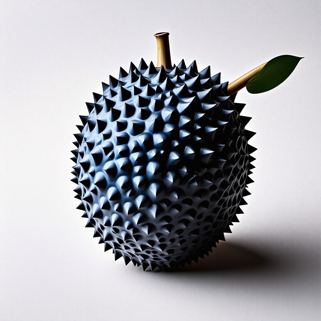 A full-body view of a Sapphire blue, grunge-style, durian fruit, with a rough and spiky exterior, set against a plain white background, with dramatic lighting and dynamic shadows, in a wide-angle shot, with the fruit's stem and leaves visible