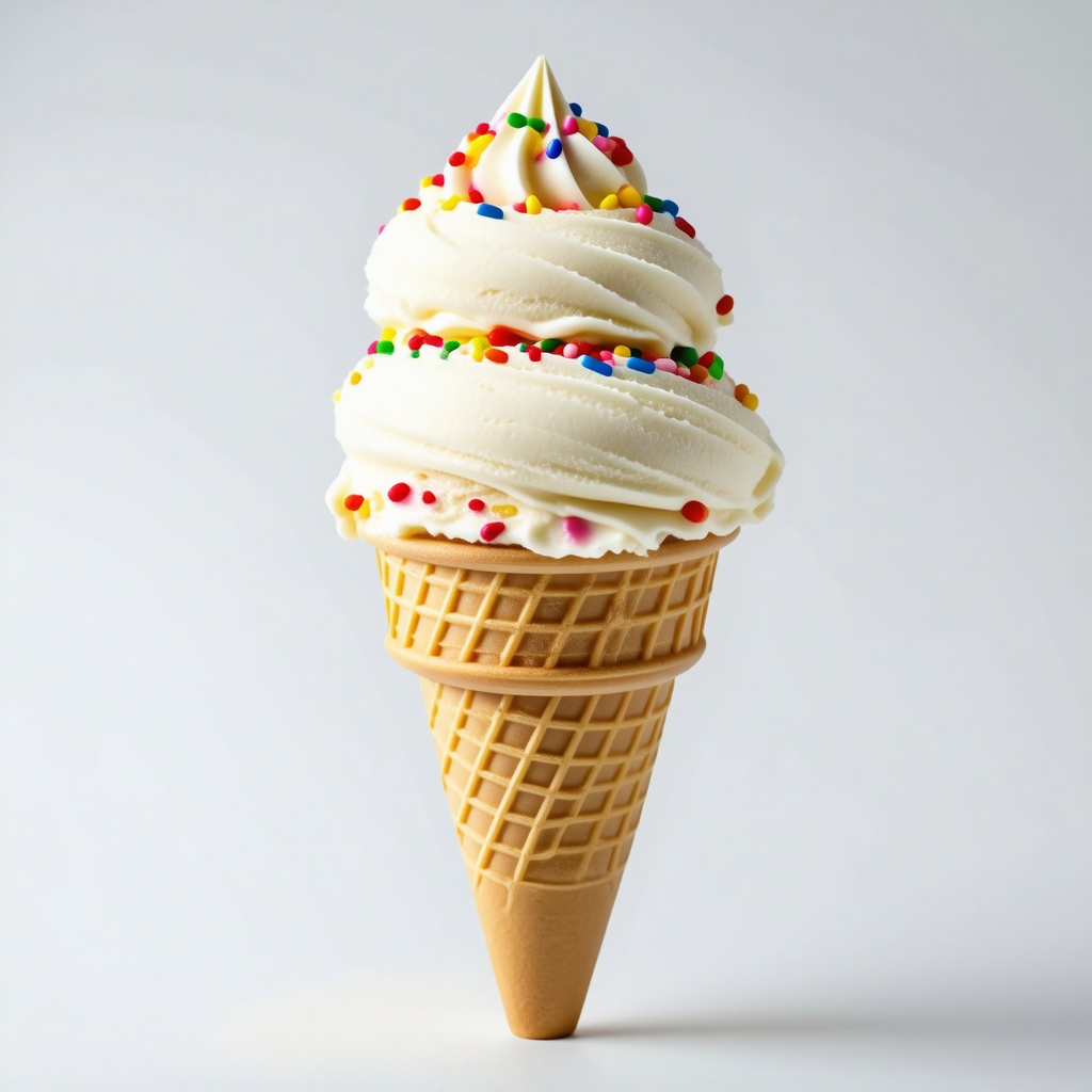 swirled vanilla ice cream cone with colorful sprinkles