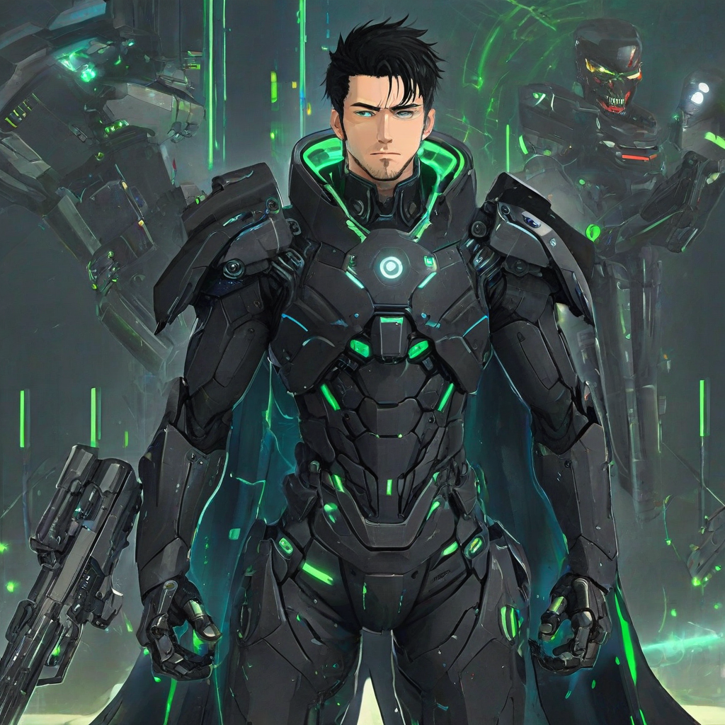 Digital anime man wearing a futuristic black mech suit, the suit has small green lights on it, the suit also has large guns mounted on the shoulders, the man has black hair and bright blue eyes and a sly smirk, he is wearing a tattered and flowing black cape with skull designs on the inner side