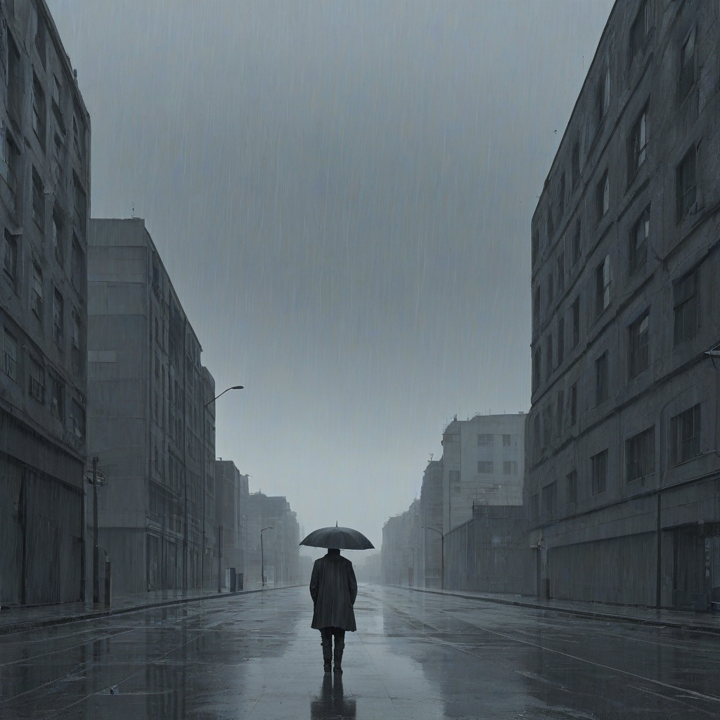 A desolate, rainy cityscape in a graphic novel style with dull colors, wide shot, full-body view of a lone figure in the distance, with muted blues and grays dominating the palette, and bold lines defining the characters and scenery, set against a plain white background