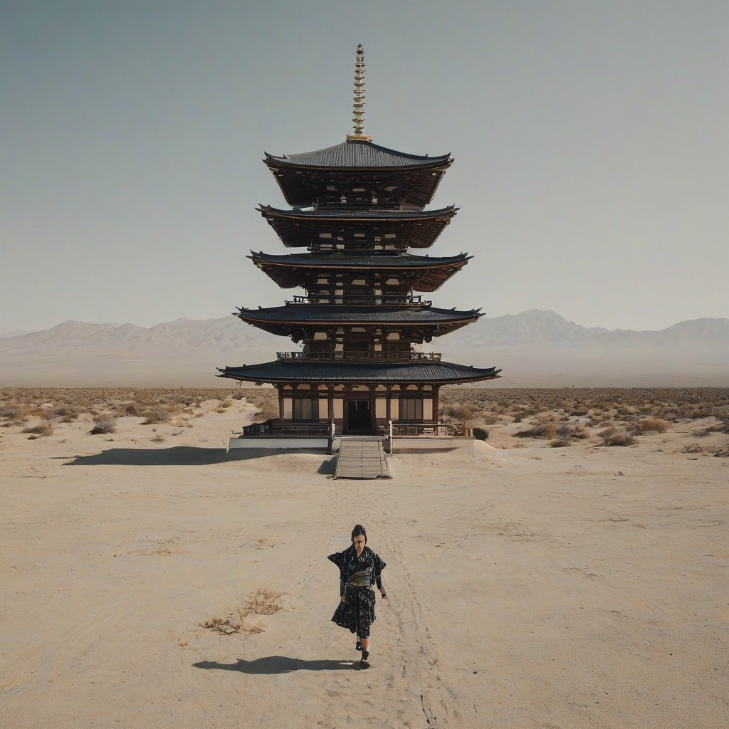 Japanese Pagoda style building in desert, photobashing style, wide shot, full-body view