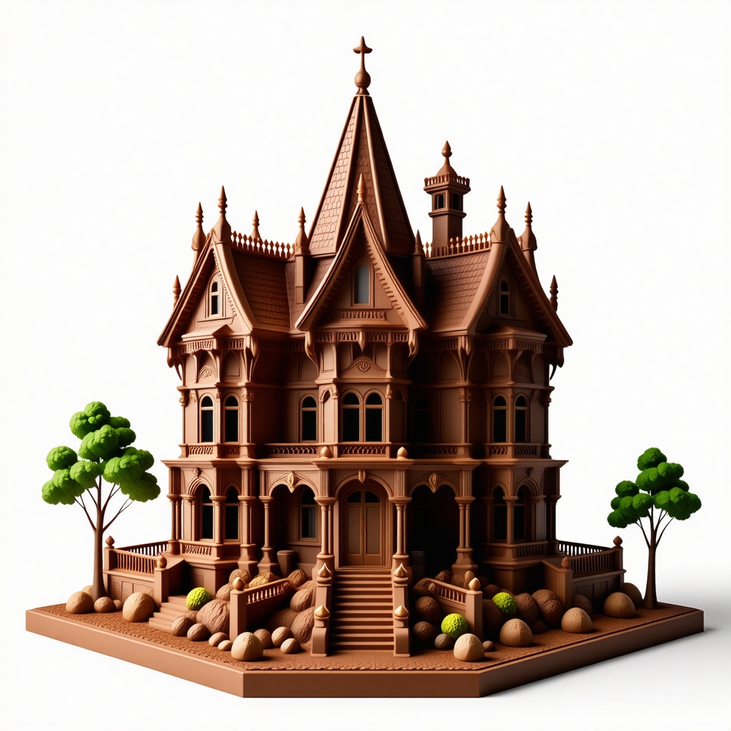 A Victorian-style building made entirely of chocolate, with intricate details and ornate architecture, in a wide shot with the entire building visible, on a plain white background, with soft, warm lighting and a slight sheen to the chocolate surface, in a realistic and detailed style