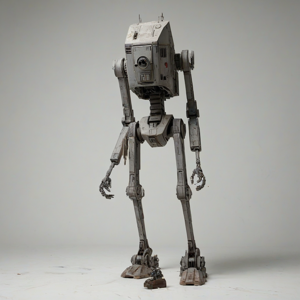 A World War 2 era AT-ST walker from Star Wars, with a full-body view, on a plain white background, in a wide shot, with visible feet, and a worn, battle-damaged appearance, in the style of Vietnam war equipment, with a muted color palette and dynamic shadows, and a sense of grit and realism, with a focus on the lower half of the walker, including its feet, on a plain white background, even lighting