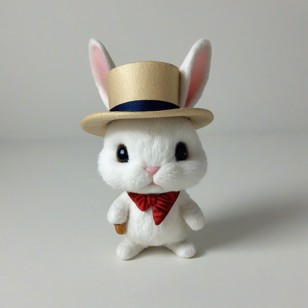 chibi style white rabbit wearing a hat, on a plain white background, even lighting