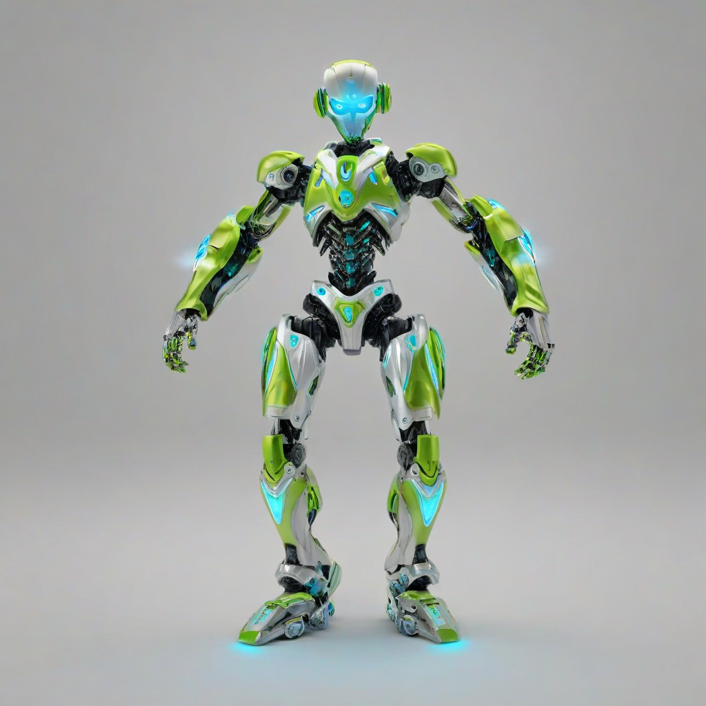 A full-body view of a fantasy robot named Lime, with a shiny metallic body, standing on a plain white background, with bright lime green accents and glowing blue eyes, in a wide shot, with a sense of dynamic movement, as if it's about to spring into action, with a mix of digital art and 3D rendering styles, and a hint of magic and wonder in the atmosphere, on a plain white background, even lighting