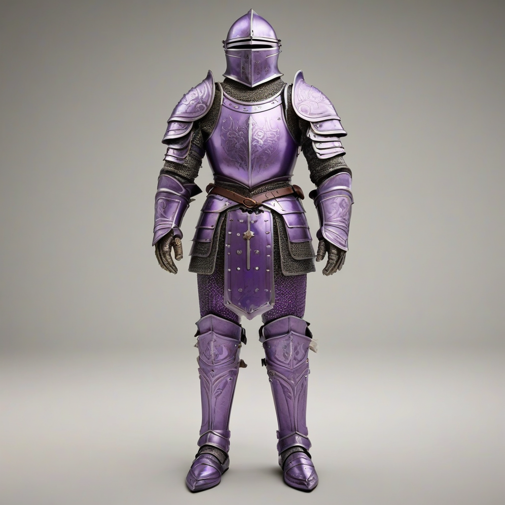 A full-body view of a piece of medieval armor, colored Violet, with intricate engravings and a wide shot, on a plain white background, with a soft, warm lighting and dynamic shadows, in the style of a digital illustration, on a plain white background, even lighting