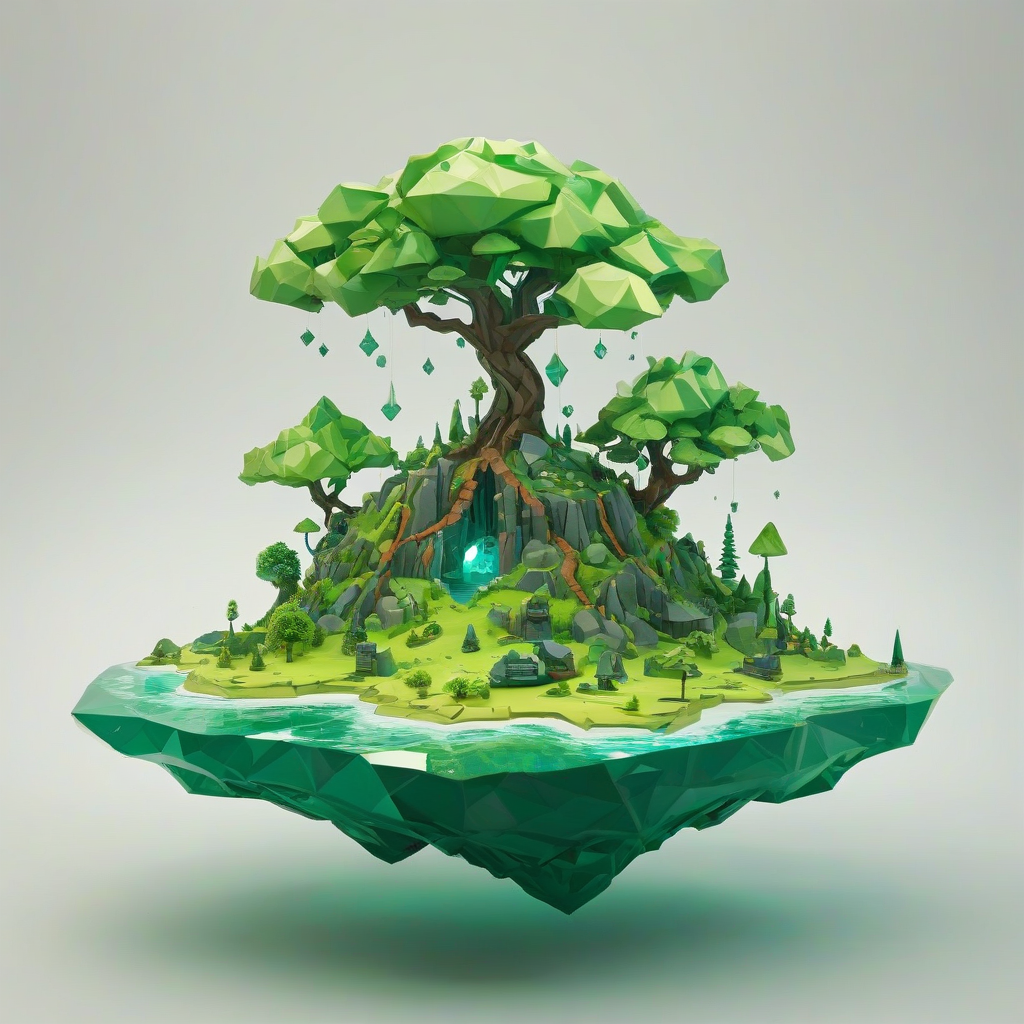 A low poly, emerald green floating island, with a full-body view, on a plain white background, illuminated by a soft, warm light, with gentle shadows, and a subtle atmospheric glow, in a whimsical, fantasy art style, on a plain white background, even lighting