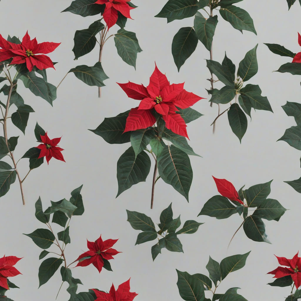 A single, full-body view, red poinsettia flower with dark green leaves, on a plain white background, with a wide-angle shot, and soft, natural lighting, in a realistic, high-detail, digital art style, on a plain white background, even lighting 