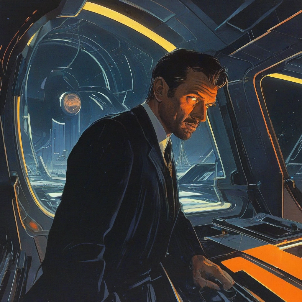 Syd Mead style art of a man with glowing eyes
