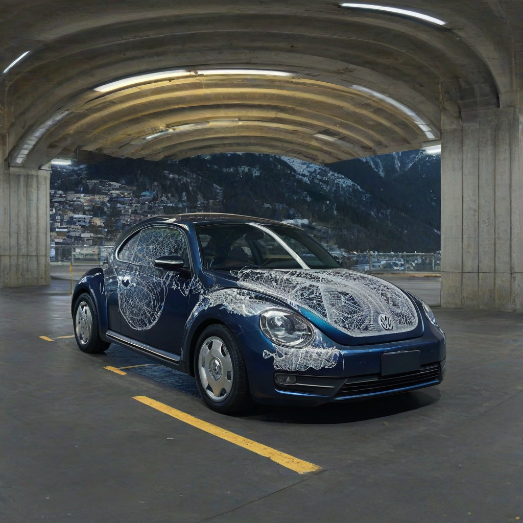 A Volkswagen Beetle with a dark, deep blue, base glossy paint with an intricate, glowing pattern of lines resembling a circuit board or a digital network, in a dim parking garage with a view of a snowy mountain range in the background