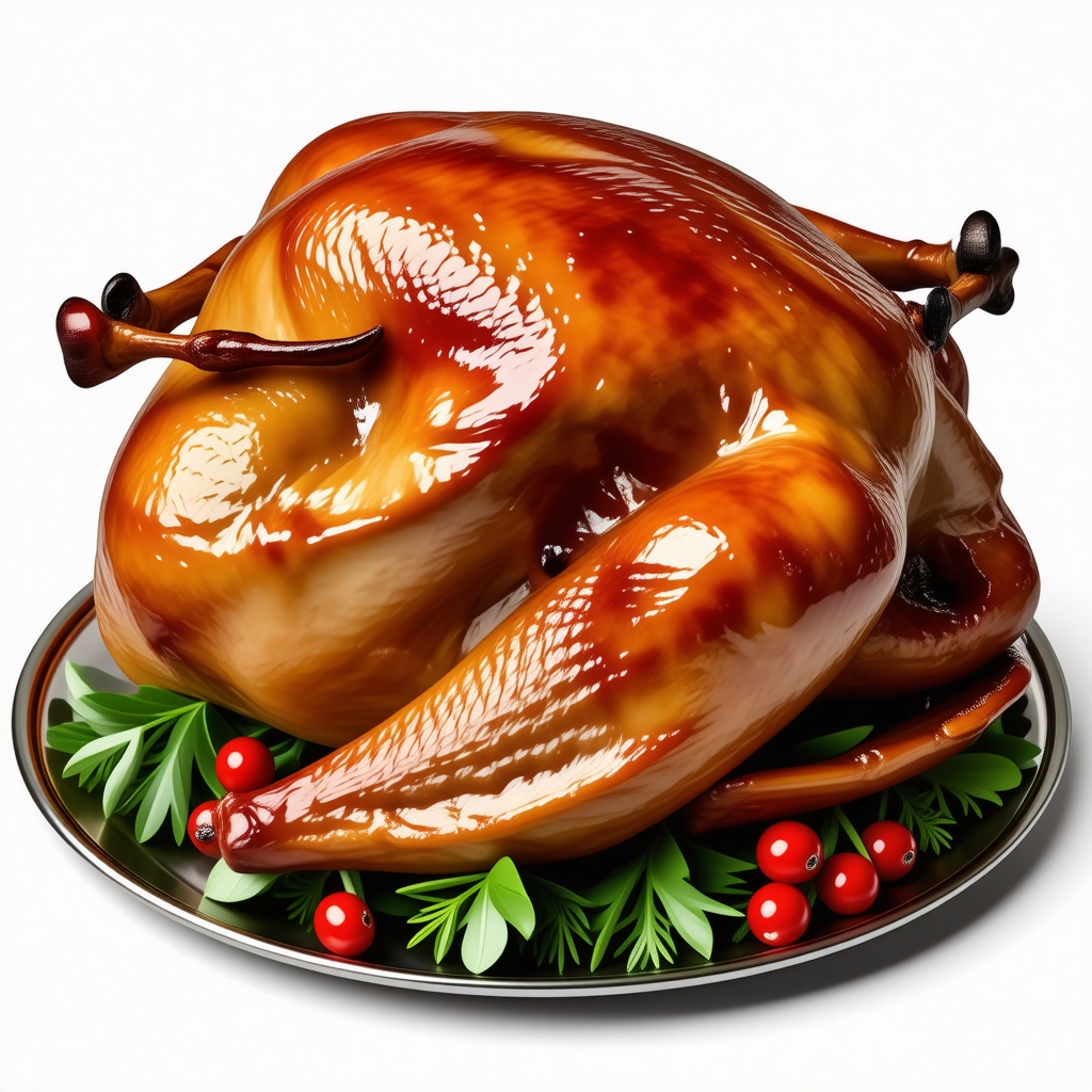 A perfectly roasted Thanksgiving turkey, golden brown with a sheen to it, full-body view, on a plain white background, with a wide shot, and soft natural lighting, in a digital illustration style with subtle texture and depth, with the turkey's legs and wings visible, and a slight glow to enhance the golden brown color, sitting on a silver platter