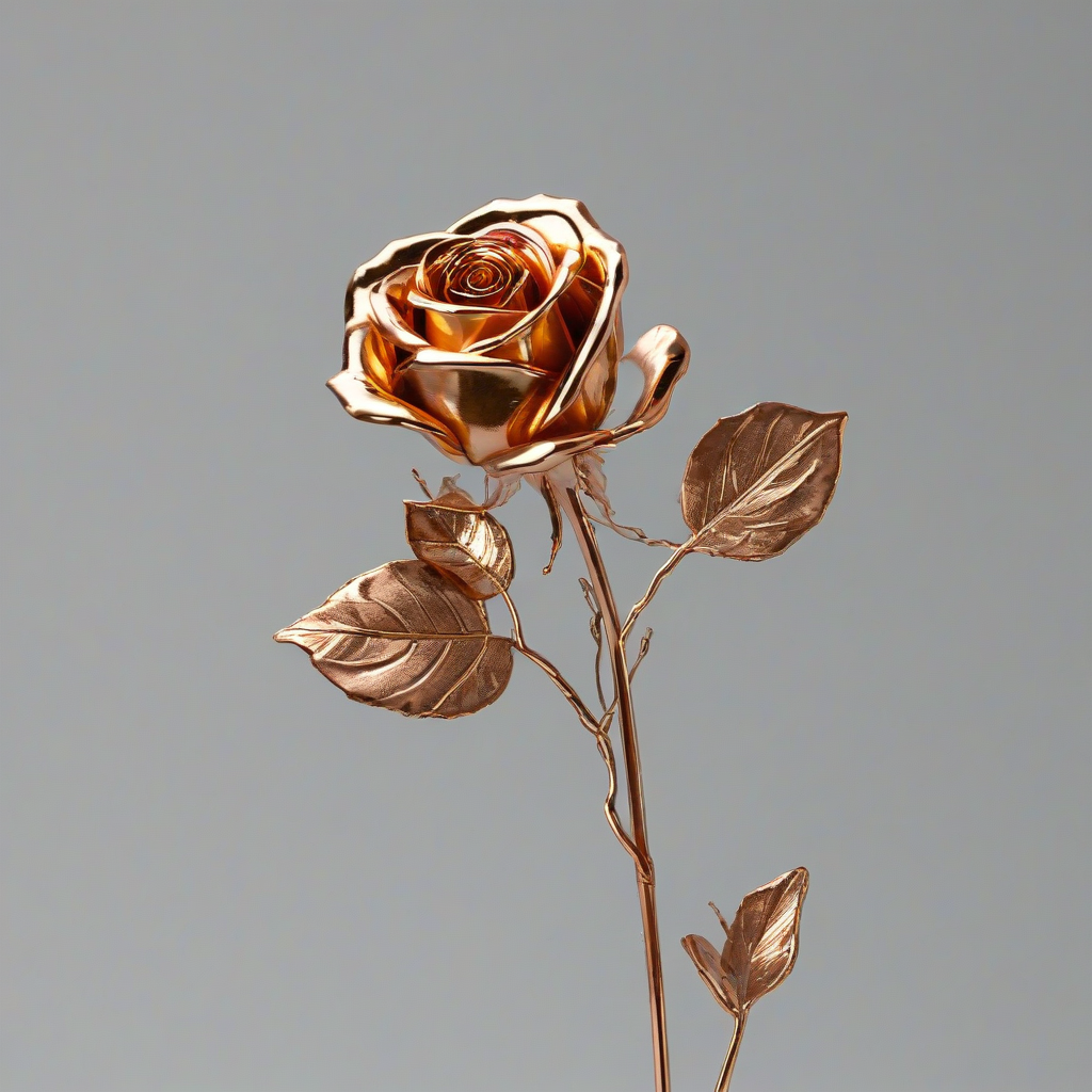 A realistic metallic rose with golden leaves and a silver stem with a thin copper wire loosely wrapping around the stem. The petals are rose gold and rimmed with gold, no background, shiny metal, full body visible, bright and even lighting, on a plain white background, even lighting
