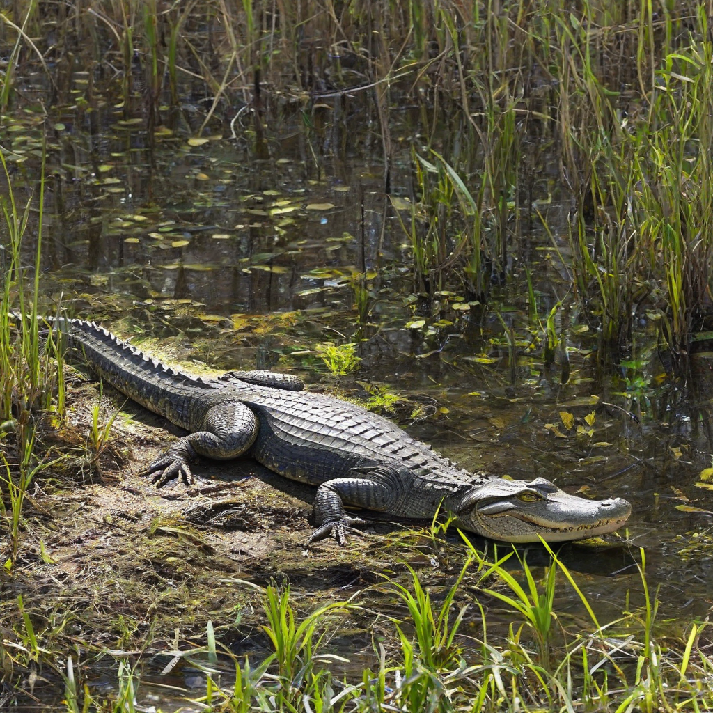 An alligator in a swamp