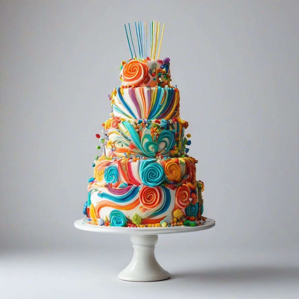 A colorful, multi-tiered celebration cake with vibrant frosting and decorations, placed on a plain white background, in a wide shot with the entire cake visible, featuring a digital art style with bold lines and bright colors, under soft, natural lighting with a slight backlight to accentuate the textures of the cake, on a plain white background, even lighting
