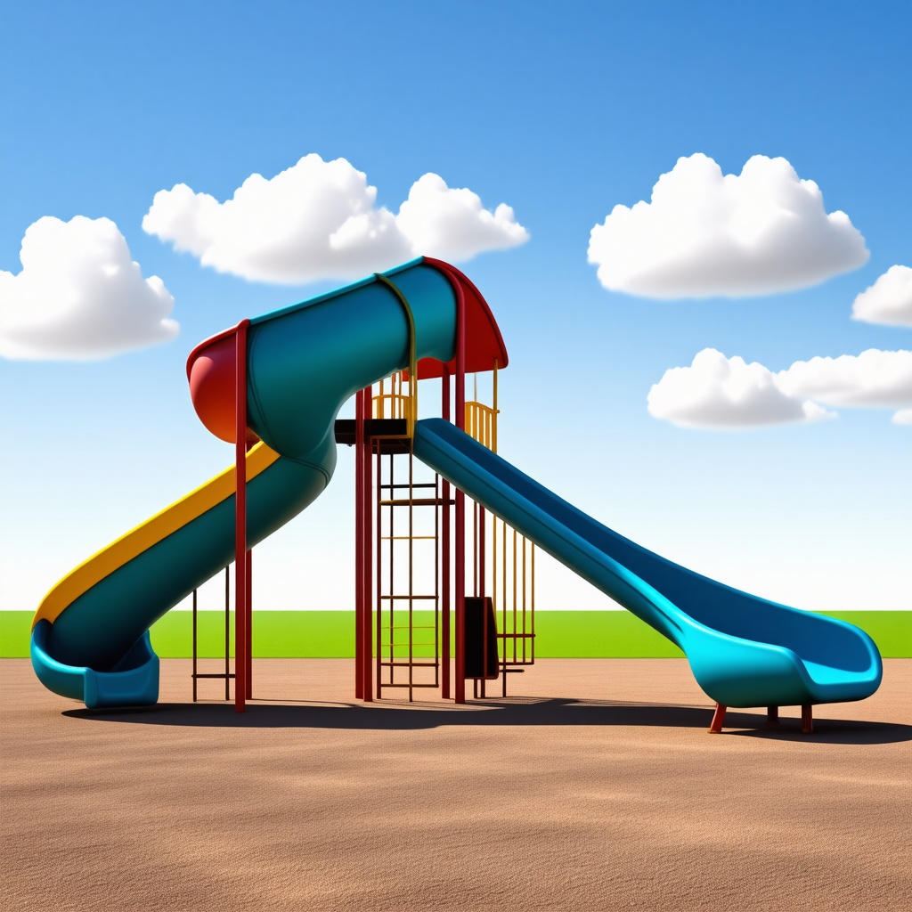 A colorful kids playground slide, made of metal, with a wide and winding shape, set against a plain white background, in a full-body view, with the slide's ladder and steps visible, under a bright and sunny sky with a few puffy white clouds, in a digital art style with bold lines and vibrant colors
