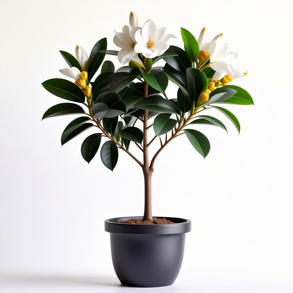 A bright yellow, full-body view of a small potted plant with rounded leaves and a thick stem, with a bouquet of white gardenia flowers sprouting from the top, set against a plain white background, in a digital art style with bold lines and vibrant colors, with a wide-angle shot and soft natural lighting, and a subtle sheen to the leaves