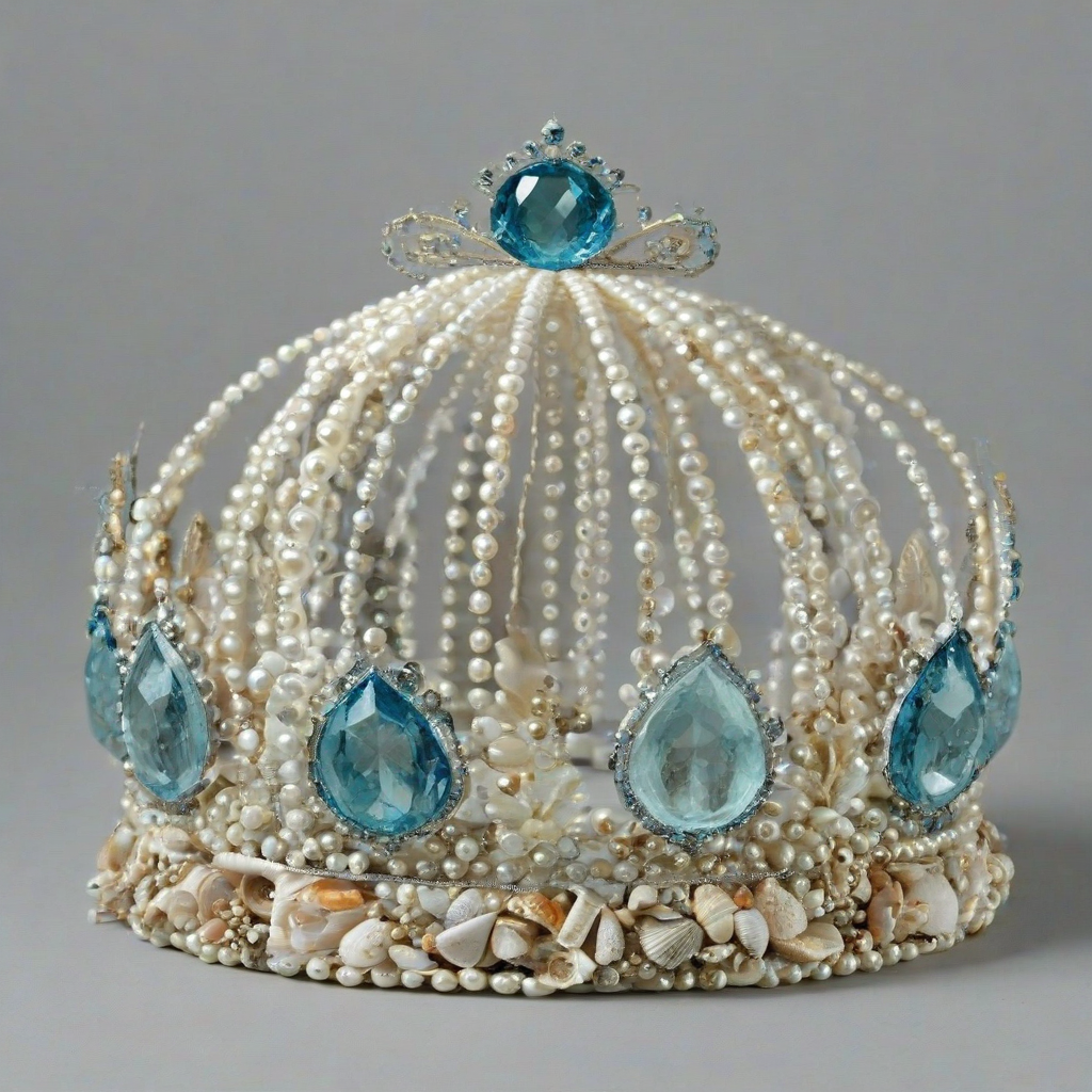 sea princess crown made of pearls, shells, and aquamarine crystals, on a plain white background, even lighting
