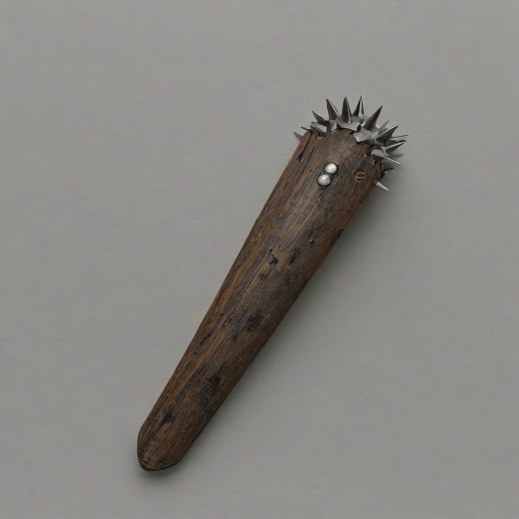 wood club with metal spikes in it, on a plain white background, even lighting