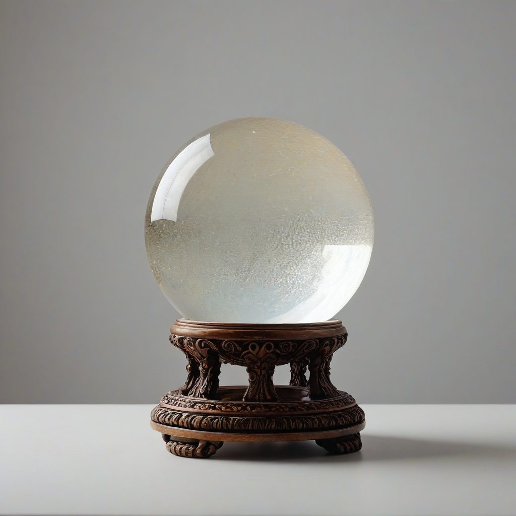 A mystical, glowing witch's crystal ball, full-body view, sitting on a wooden table, soft, warm lighting, and intricate, ornate details, on a plain white background, on a plain white background, even lighting