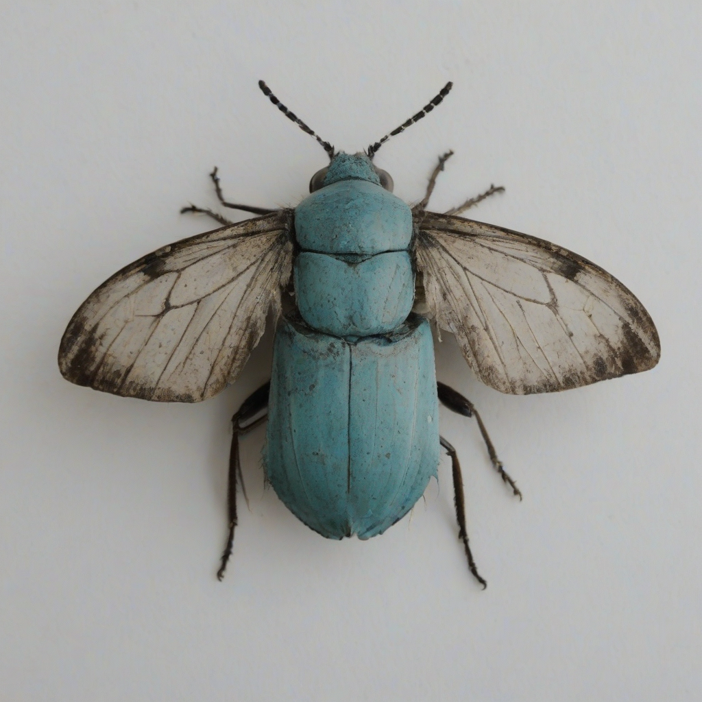 A turquoise-colored insect, such as a beetle or a butterfly, with a grunge aesthetic, including earthy tones and textures, in a full-body view, with its wings and body fully visible, on a plain white background, with a wide-angle shot and soft, natural lighting, on a plain white background, even lighting 