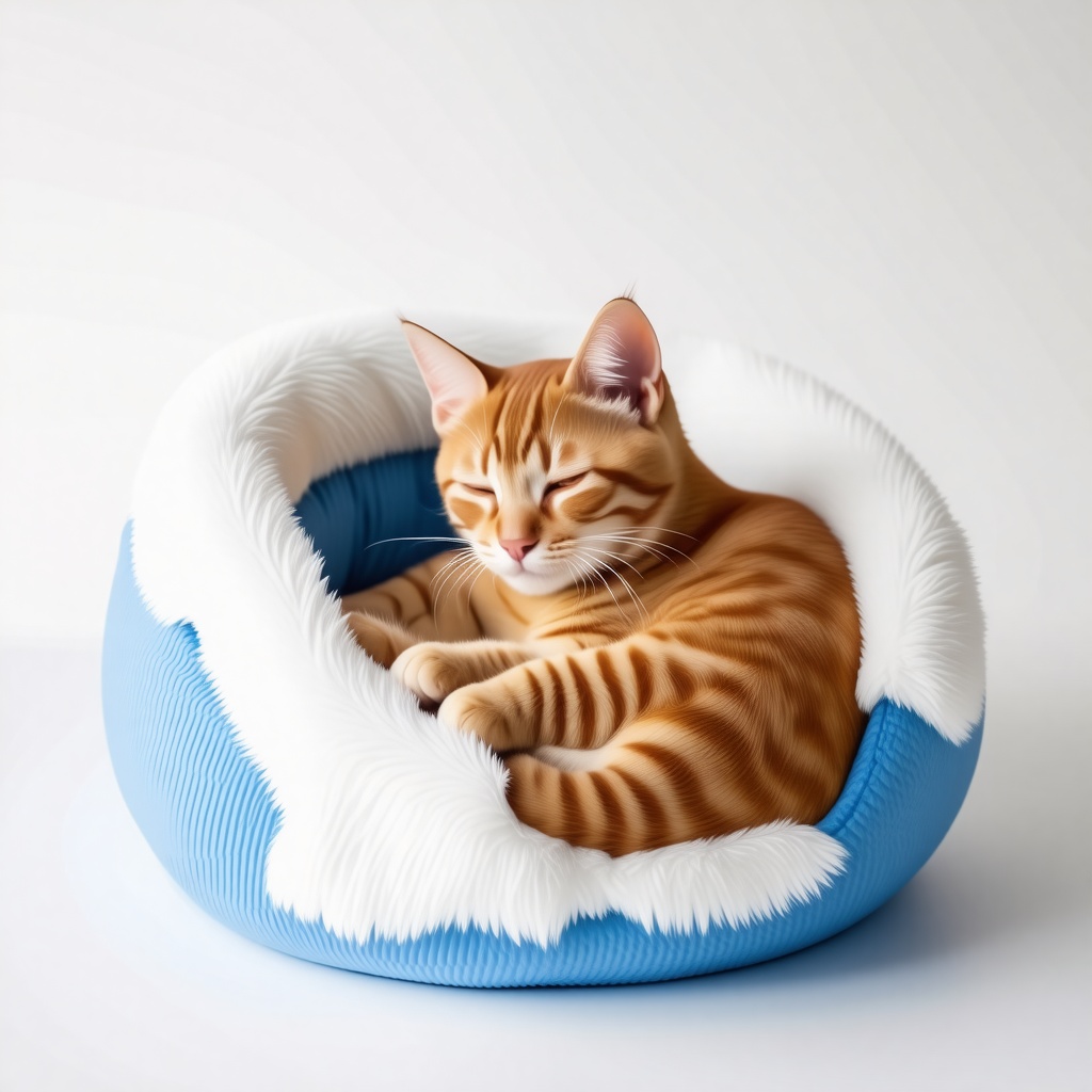 A small orange tabby cat curled up in a fluffy white and blue cat bed