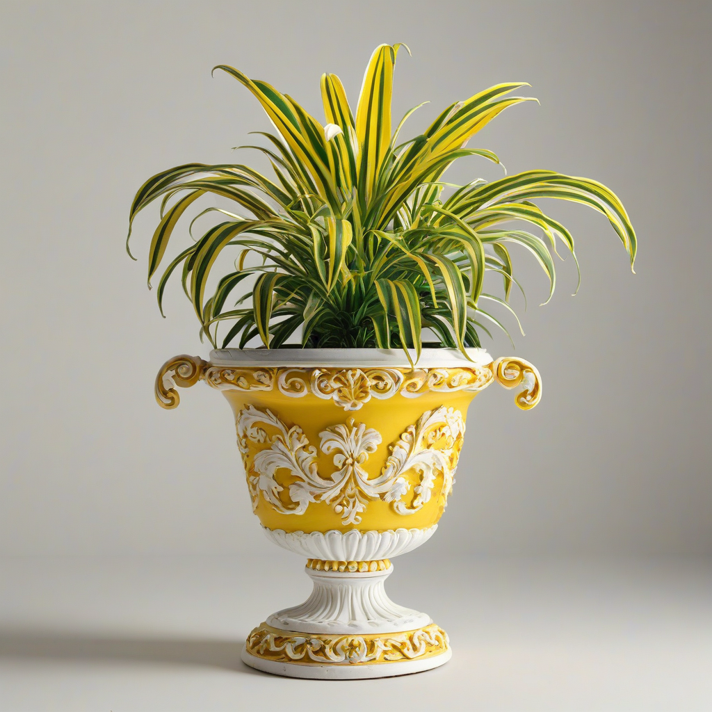 A bright yellow, full-body view of a potted plant with curved lines and ornate details in the Rococo style, with a wide shot and feet visible, on a plain white background, with soft, warm lighting and dynamic shadows, on a plain white background, even lighting