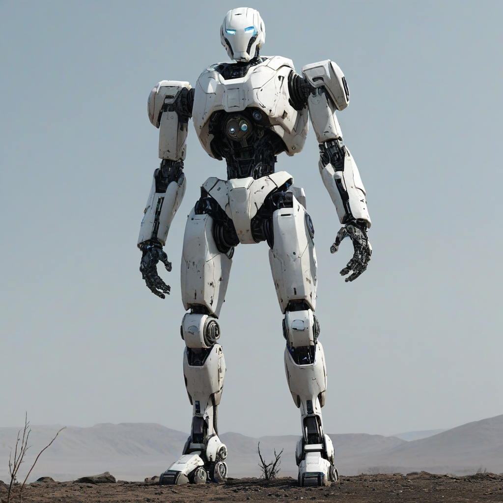 a white robot standing alone in a desolate, post-apocalyptic landscape, with a wide shot and full-body view, on a plain white background, with a focus on the robot's mechanical details and a sense of ruggedness and survival, in a digital art style with bold lines and vibrant colors