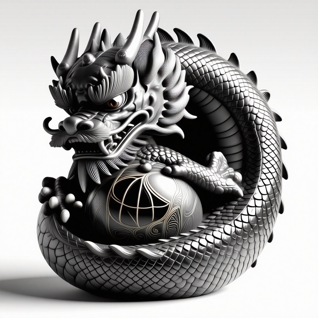 A Greek statue of a Chinese dragon snuggling a small dragon egg with scale patterns on it