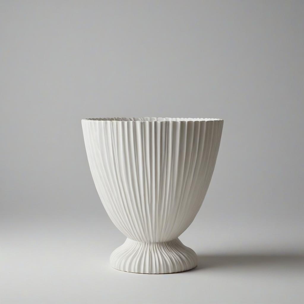 A delicate, fluted Cachepot with a curvy shape, on a plain white background, with even lighting, and a subtle sheen., on a plain white background, even lighting
