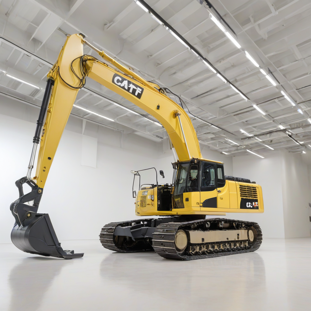 A Caterpillar 349F excavator with a gold finish, in a modernist architectural setting with clean lines and minimal decor, wide shot with the entire machine visible, on a plain white background, with dynamic shadows and a hard rim light, on a plain white background, even lighting 