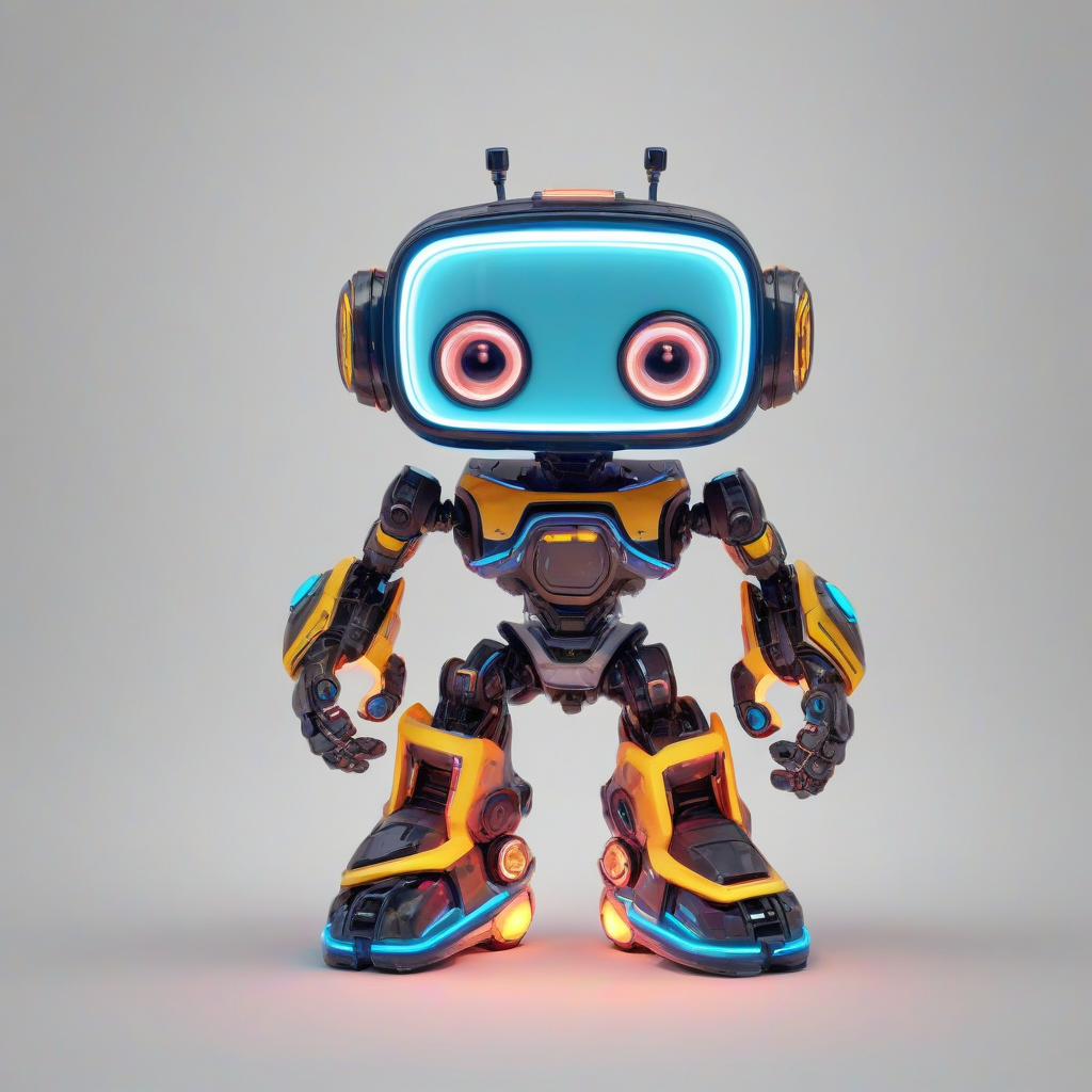 A cute, video game robot with a stumpy body, big eyes, and a cubic face, standing in a full-body view with its feet visible, on a plain white background, in a comic book art style with bold neon lines and bright colors, with a wide-angle shot and bright lighting, on a plain white background, even lighting 