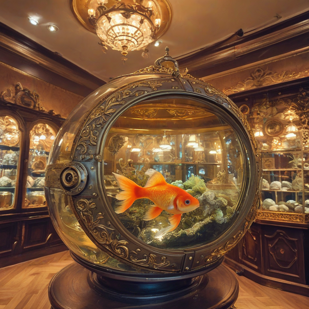 Pet goldfish in Baroque-style golden fishbowl, intricate details, in a steampunk store, warm lighting, elegance