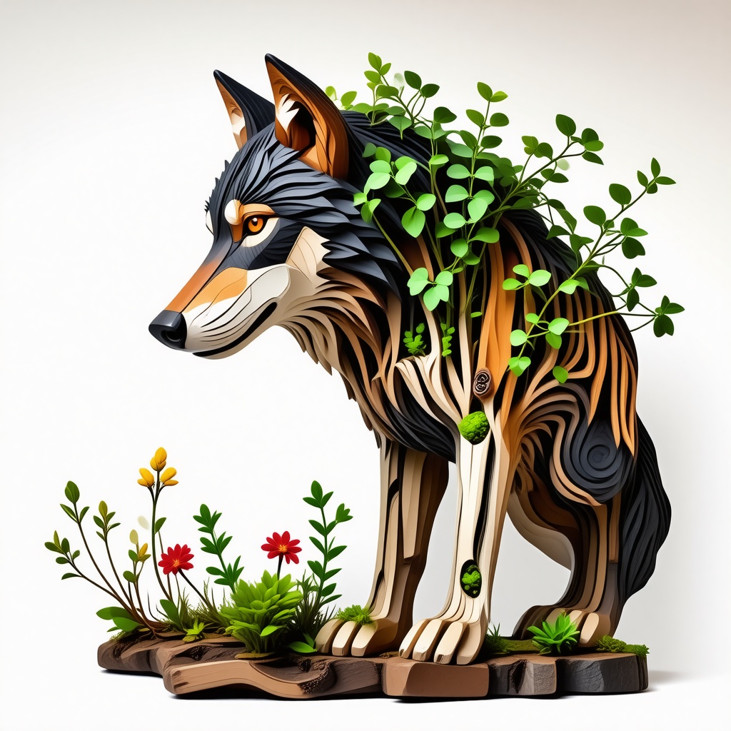 A wolf made out of wood with small branches with green leaves growing on it. The wooden wolf is infested with various plants and flowers