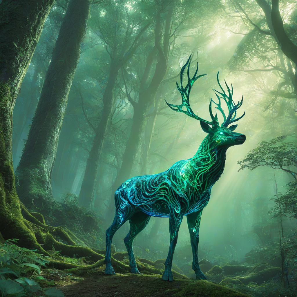 A majestic, full-body view of a magical deer with a coat shimmering in shades of emerald green and sapphire blue, standing on a forest background, with intricate, glowing antlers that resemble twisted, ethereal vines, and eyes that burn with an inner, soft light, in a wide shot, with a sense of mysticism and wonder, in the style of a fantasy illustration, with bold lines and vibrant colors
