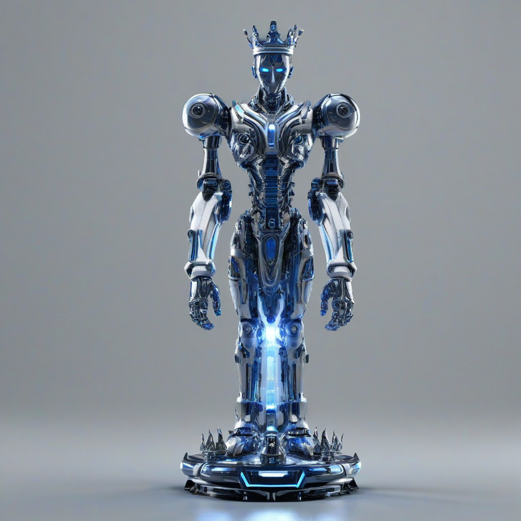 A highly detailed, full-body view of a mech king chess piece, with a futuristic metallic body, glowing blue circuits, and a regal crown on its head, standing on a plain white background, in a wide shot, with its feet visible, in a digital art style with dynamic shadows and a hard rim light, on a plain white background, even lighting 