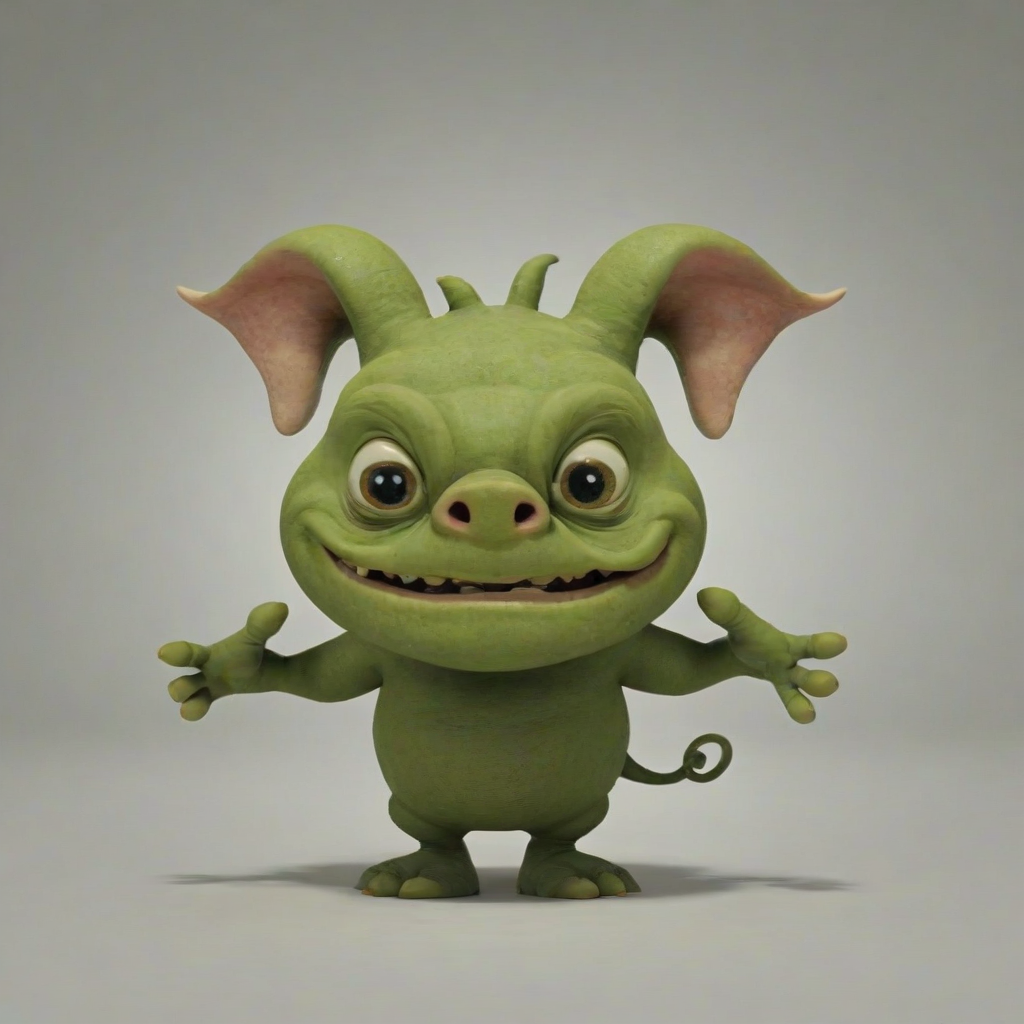 animation style, olive green ogre, with a pig nose, big pointy ears, large fangs, rounded features, kid friendly, on a plain white background, even lighting