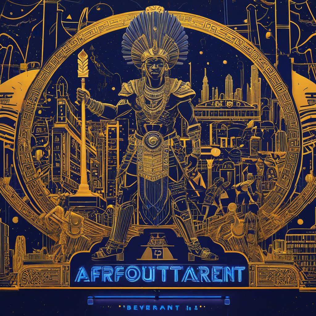 A vibrant, Afrofuturist tavern sign, with a navy blue background, adorned with intricate, golden patterns and hieroglyphics, featuring a stylized, futuristic image of an African warrior, set against a backdrop of a sprawling, neon-lit cityscape, with a wide shot, full-body view of the sign, on a plain white background, in a digital art style, with dynamic shadows and a hard rim light, on a plain white background, even lighting