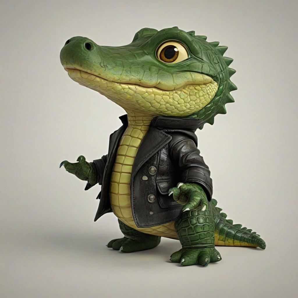 chibi cartoon style, cute  alligator, wearing leather clothes, on a plain white background, even lighting