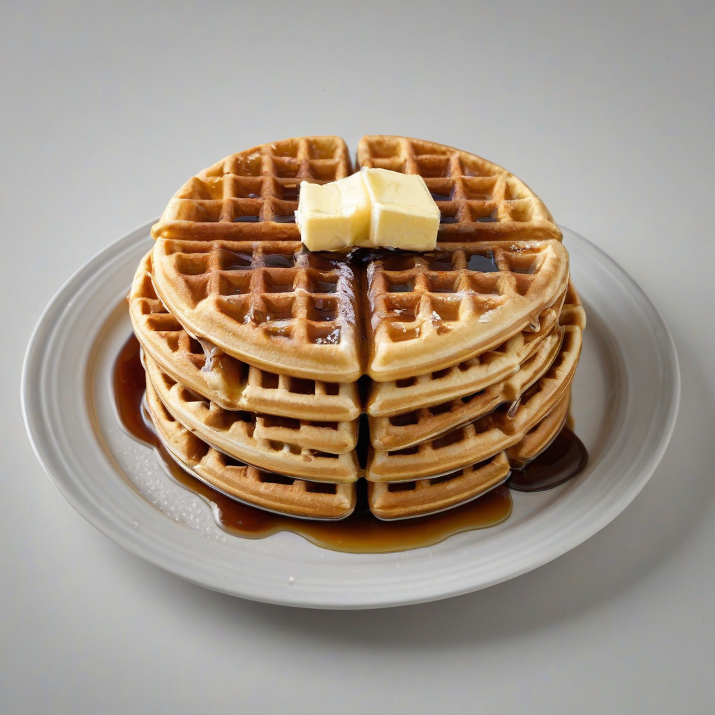 single plate of three vertically stacked belgian waffles, with syrup running down over the waffles, and a pat of butter on the very top, on a plain white background, even lighting