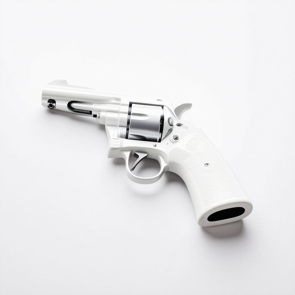 A sleek, modern, white handgun with a silver trigger, resting on a plain white background, in a wide shot with the entire object visible, utilizing a minimalist style and incorporating elements of modernism, with clean lines and a focus on functionality, under soft, even lighting
