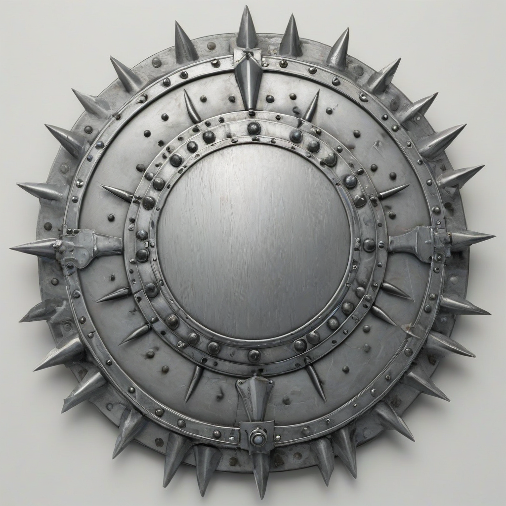 light grey, round metal shield, with spikes around the outer edge and details on the front of the shield, on a plain white background, even lighting