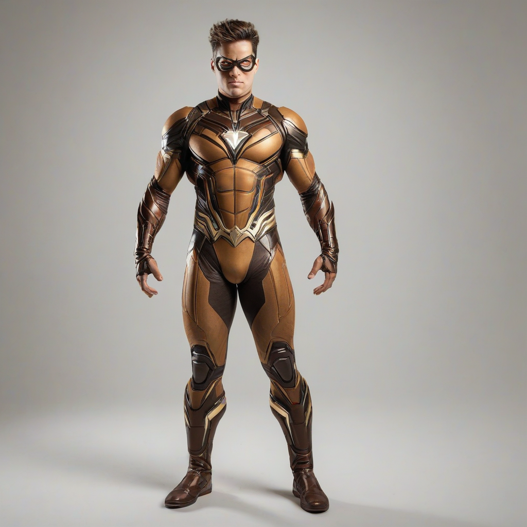 A full-body view of a superhero costume, primarily brown in color, with a mix of matte and metallic textures, intricate details, and a dynamic pose, set against a plain white background, in a concept art style with bold lines and vibrant colors, on a plain white background, even lighting 